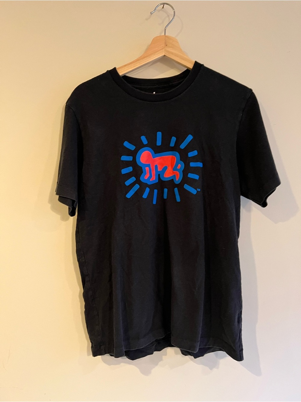Black Graphic Tee with Blue & Red Pop Keith Haring Art Motif - Men